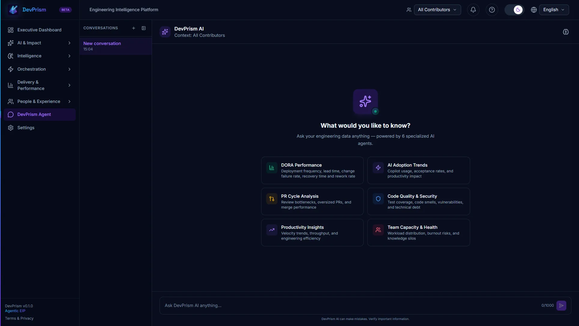 DevPrism Agent — Accueil IA conversationnel avec 6 thèmes d'investigation spécialisés